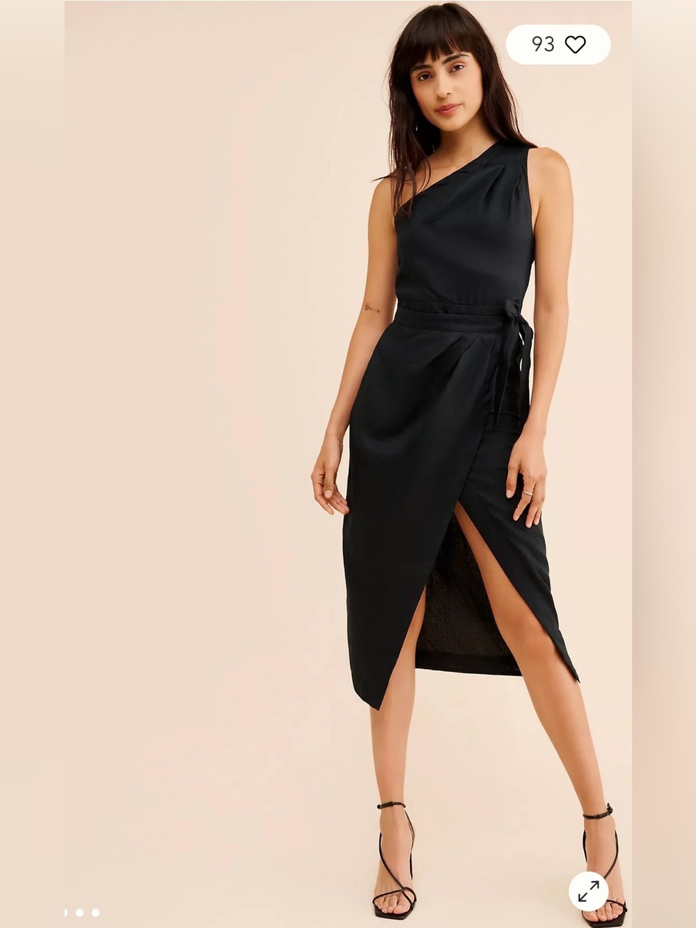 Anthropologie One-Shoulder Black Wrap Midi Dress Linen